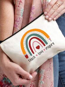 1pc Reusable Canvas Bag With Cute Pattern, Pencil Case, Handheld Large Capacity Student Textbook & Assignment Storage Bag, Subject Organizer File Folder, Zipper Document Pouch, Cosmetic Bag - Multicolor - View 3