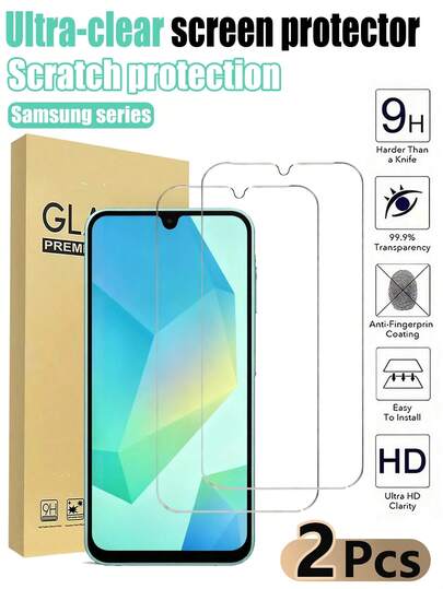 2pcs Galaxy A16 Tempered Glass Screen Protector, Fit For Galaxy A17/A56/A15/A14/A13/A55/A54/A53/A52/A50S/A36/A26/S24FE/S23FE. Bubble-Free, High Definition, Transparent, Anti-Drop. A Great Choice For Phone Accessories And A Perfect Gift For Family And Friends. Can Be Used With Phone Cases.