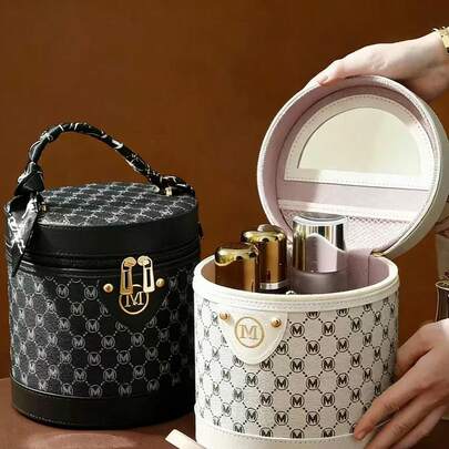 Large Capacity Cylindrical Makeup Bag With Flip-Top Lid, Dustproof & Waterproof Cosmetic Storage Case With Built-In Mirror, Portable Travel Makeup Organizer With Handle, Stylish Monogram PU Leather Vanity Bag For Cosmetics, Brushes, Skincare, Toiletries, Ideal For Daily Use & Travel, Perfect Gift For Women, Girls, Ladies