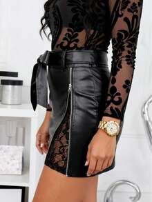 Women's Fashionable And Elegant Commuter Lightweight Faux Leather Lace Patchwork Zipper Design Casual Skirt - Black - View 5
