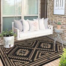 1 pieza Alfombra rectangular minimalista de estilo bohemio en negro y marrón, adecuada para patio, caravana, camping en primavera y otoño - multicolor - Ver 9