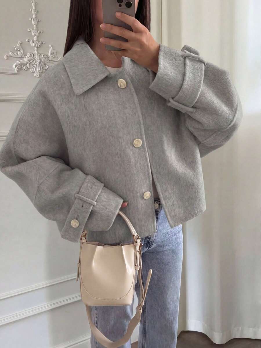 优雅宽松女士冬季外套 - 灰色 - 查看 1