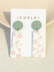 1对可爱粉色花卉印花陶瓷质感亚克力耳环，迷人而充满女人味 - 彩色 - 查看 1