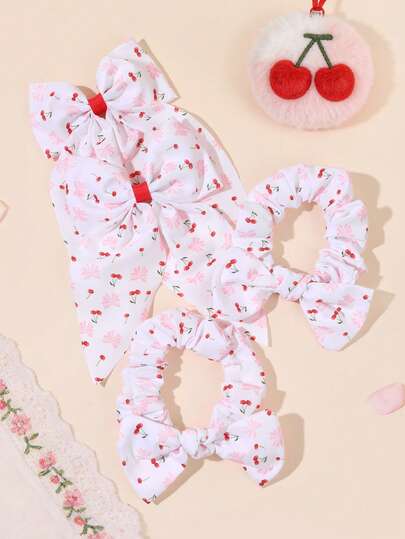 4pcs Cherry Printed Hair Bow Sets For Girls Elegant Large Tail Bow Alligator Clips Bow Decor Pleated Scrunchies Cute Sweet Fruit Hair Ropes Vacation/Picnic/Gift Hairpins Teens Hair Accessories