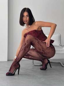 1 Pair Women's Floral Lace Tights/Stockings, Fishnet Stockings, High Waist Slimming Tight Fit, Plus Size, Suitable For Various Occasions - 酒紅色 - 查看 5