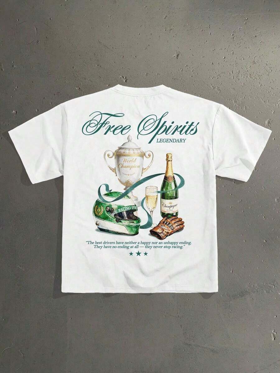 Camiseta Blanca con Gráfico de Trofeo de Campeón de Carreras Americano Vintage, Corte Holgado, Manga Corta, Ropa Casual de Verano, Regalo Moderno para Hombres - Blanco 2 - Ver 1