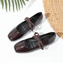 Giày Mary Jane nơ mới mùa Xuân/Thu, giày da lộn mũi vuông đa năng, cỡ lớn, màu cà phê. - Mẫu đá nâu - Xem 17