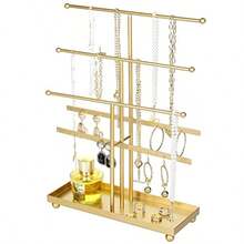 MyGift Soporte organizador para joyería collares y pulseras hecho de metal en color dorado tiene 5 niveles y una bandeja para anillos - Dorado - Ver 1