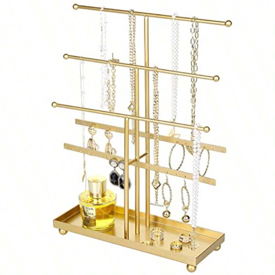 MyGift Soporte organizador para joyería collares y pulseras hecho de metal en color dorado tiene 5 niveles y una bandeja para anillos - Dorado - Ver 1