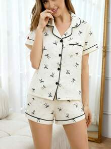 2pcs Women Short Sleeve Button Collar Top And Shorts Pajama Set, Casual Loose Butterfly & Dot Print Basic Homewear Suitable For Indoor And Outdoor, Spring/Summer/Autumn/Winter - Black - View 6
