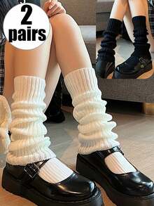 2 Pairs Of Black And White Oversized Women's Knee-High Polyester Knitted Fabric, Solid Color, Comfortable And Elastic, Hand Wash , Suitable For Cycling, Casual Wear And Festival Wear, Y2k, Cozy - Nhiều màu - Xem 3