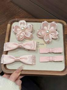 6pcs Cute Girl's Pink Sakura Bow, Polka Dot Hair Clips, Sweet Versatile Side Bangs Clips, Fashionable Elegant Duck Mouth Hair Clips, Suitable For Daily Use In Spring - Pink - View 1