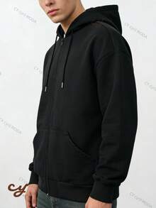 Kangaroo Zip Hoodie Sweatshirt, Comfortable Oversized Unisex Sweatshirt With Pocket And Adjustable Hood - 黑色 - 查看 6