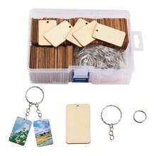 1 Box DIY Wooden Keychain Pendant Set, Unfinished Keychain Pendant Gift, With Hanging Ring - Rectangular Blank Wooden Suitable For Custom Keychain Handcraft, For Keychain Decoration, DIY Tag Making, Luggage Decor, Holiday DIY, Multifunctional, Durable, Carefully Selected Gift (Size: 10/50/100 Sets) - Apricot - View 1