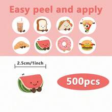 500张/卷 可爱食物插画贴纸，卡通甜甜圈、面包、三明治、汉堡贴纸，手工制作礼品包装不干胶标签，烘焙封口贴纸，甜点包装标签 - 卡通 - 查看 2