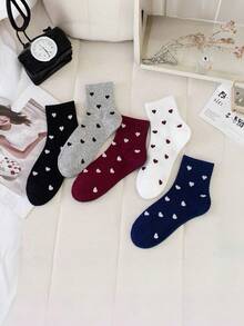 5 Pairs Heart Pattern Mid-Calf Socks, Simple High Elasticity, Moisture-Wicking, Breathable, Sports Casual Socks, Randomly Shipped - Multicolor - View 6