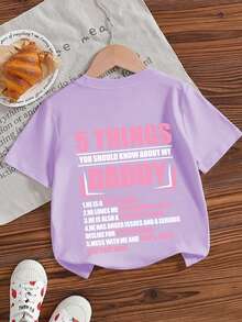 About My Dad Graphic Tee, Soft & Comfortable Fabric, Suitable For Girls Outdoor Sports, Casual Wear, Street Style, Campus Style, Fashionable Girls Spring/Summer Versatile - Mauve Purple - View 4