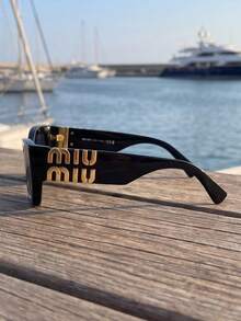 Miu Miu Black Oval Frame Gold Logo UV Protection Fashionable Women's Sunglasses, Summer Beach Style - Black - View 5
