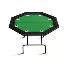 Mesa plegable de póquer octágono con almohadilla antideslizante y diseño plegable de Texas, soportes de copa de plástico/acero inoxidable para 8 jugadores, mesa plegable de blackjack ideal para fiestas en casa y noches de cartas - Taza de acero inoxidable verde - Ver 1