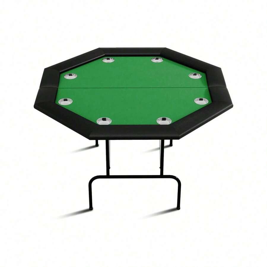 Mesa plegable de póquer octágono con almohadilla antideslizante y diseño plegable de Texas, soportes de copa de plástico/acero inoxidable para 8 jugadores, mesa plegable de blackjack ideal para fiestas en casa y noches de cartas - Taza de acero inoxidable verde - Ver 1