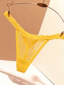 Quần lót G-string ren đính chữ pha lê tùy chỉnh, quần lót bikini thong T-back gợi cảm dành cho nữ, quà tặng cho bạn gái, vợ, ngày Valentine, Giáng sinh, Halloween, Lễ Tạ ơn, sinh nhật - Quần lót G-string nữ tùy chỉnh, khắc chữ kim loại - Đồ lót cá nhân hóa - Màu vàng - Xem 3