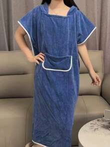 1pc Women's Sleeveless Quick-Dry Bath Dress/Robe, Wearable Beach Changing Poncho With Hood, Suitable For Beach, Surfing, Swimming, Wearable Bath Robe, Women's Beach Changing Poncho With Hood, Quick-Dry Swimming Robe, Sleeveless Bath Dress, Travel Essential, Holiday Essential - Royal Blue - View 4