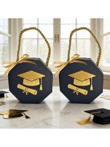 10pcs Graduation Cap Shaped Candy Gift Box Set, Ideal For Packaging Chocolates During Graduation Ceremonies. These Octagonal Mini Handled Gift Boxes Are Perfect For Parties - Multicolor - View 6
