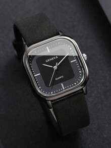 4PCS Simple Casual Men's Quartz Watch, Fashionable And Minimalist Men's Black Watch Accessory Set. Includes A Square Dial Black Leather Strap Watch, Geometric Pendant Necklace, Ring, And Chunky Chain Bracelet. - Black - View 5