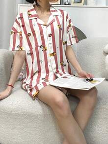 2pcs Women Pajama Set, Cute Dog Print Striped Short Sleeve Top And Shorts, Casual Comfortable Homewear, Suitable For Spring/Summer - Multicolor - View 4