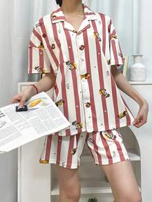 2pcs Women Pajama Set, Cute Dog Print Striped Short Sleeve Top And Shorts, Casual Comfortable Homewear, Suitable For Spring/Summer - Multicolor - View 8