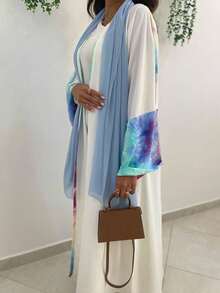 1 pieza Vestido-Cárdigan elegante de mujer con mangas y espalda de diseño de parches multicolor y estampado colorido de estilo árabe, adecuado para uso diario, festivo y de viaje, color blanco - Blanco - Ver 6
