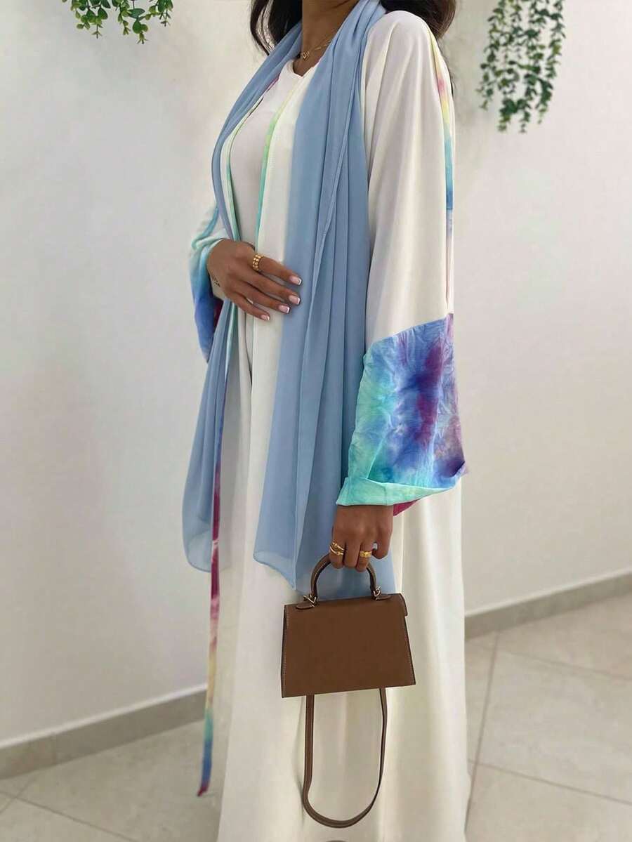 1件女士优雅多色拼接袖子和后背彩色图案阿拉伯风格时尚开衫连衣裙,适合日常、节日、旅行等场合 白色 - 白色 - 查看 1