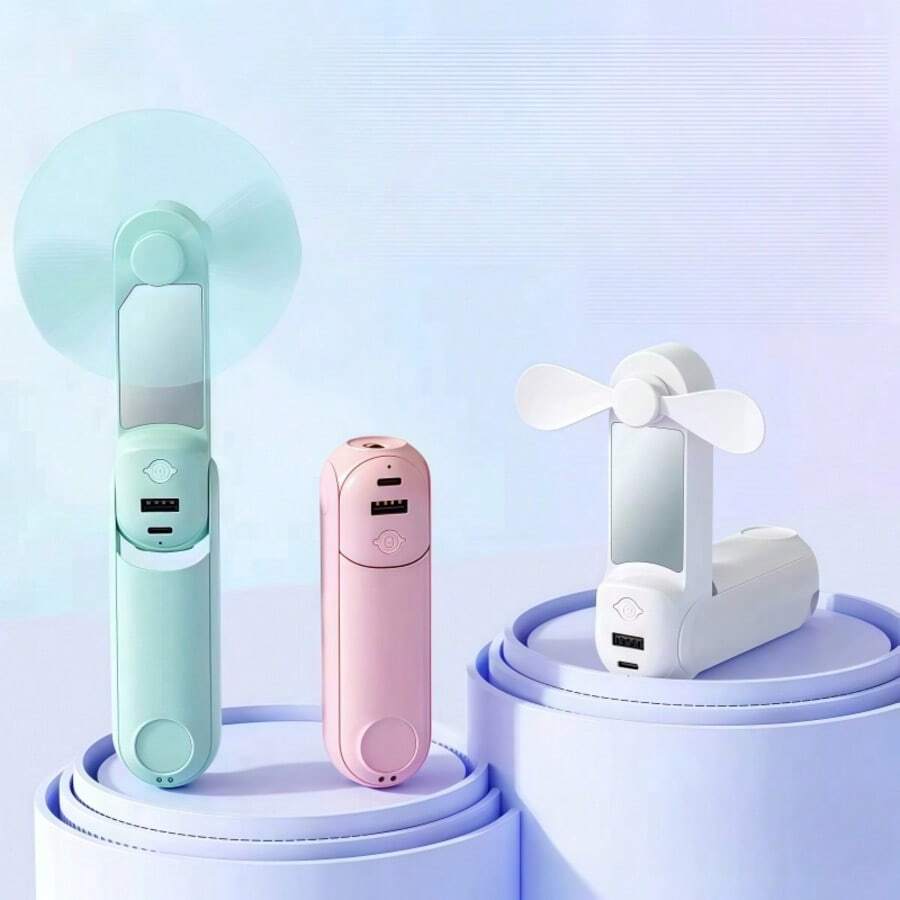 Rechargeable USB Mini Handheld Fan, Multifunctional Desktop Small Fan With Mirror, Portable For Home & Outdoor - Trắng - Xem 1