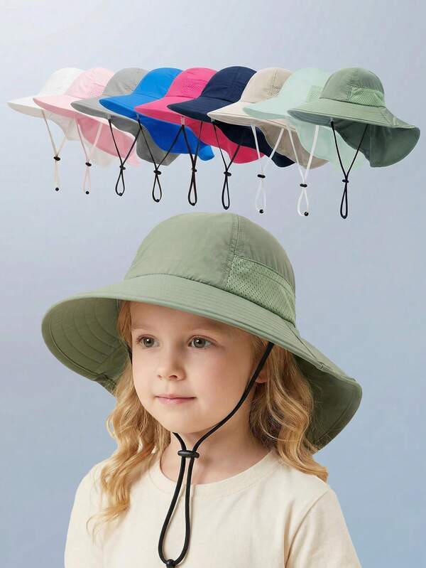 1pc Kids' Solid Color Cartoon Minimalist Wide Brim Sun Hat, Adjustable Bucket Hat For Outdoor UV Protection, Breathable Mesh Design, Versatile For Boys And Girls Ages 1-14