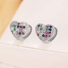 1 Pair Fashionable Elegant Heart-Shaped Earrings For Women, Inlaid With Colorful Zirconia Stones, Suitable For Daily Wear, Weddings, Parties And Other Occasions - Heart Earrings - View 8