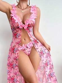 Women's Lace Floral Mesh Petticoat Two-Piece Outfit, Flower Embroidered Suspender Design, Front Slit Sheer Mesh Matching Bottoms, Valentine's Day Date Night Festival Clubwear - [多色的] - 查看 8