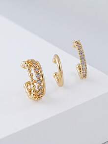 3件裝極簡金色U型耳環，立方氧化鋯銅耳環(3件裝而非3對) - 金黃色 - 查看 3