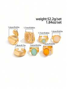 7pcs/Set Lava Liquid Metal Asymmetrical Flow Or Hammered Texture Vintage Bohemian Style Acrylic Rings Set, Suitable For Parties, Gifts, Daily Wear  Boho    Zinc Alloy - 金色 - 查看 5