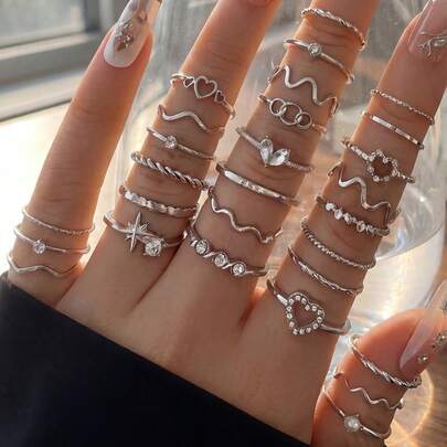 28 piezas Conjunto de anillos apilables de tono plateado con diamante de imitación asimétricos, elegante y personalizado, adecuado para vacaciones, regalos y uso diario de mujeres