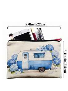 1 pieza Bolsa de maquillaje con estampado floral de caravana vintage - Estuche de cosméticos de viaje de acuarela "Happy Campers" organizador portátil de lona con cremallera para mujeres, niñas y amantes del camping - Multicolor - Ver 7