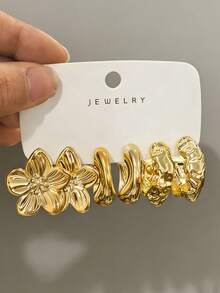 Set de 6-18 pendientes de aro grandes en forma de C dorados de moda para mujeres, que incluye diseños florales, geométricos y texturizados, adecuados para combinar con varios estilos - Dorado - Ver 2