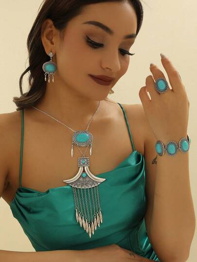 Conjunto de accesorios de lujo estilo de Oriente Medio con borlas largas y vintage para fiestas/bodas: pulsera azul, aretes, collar, anillo