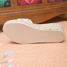 Women's Platform Slide Sandals, New Summer Fashion Thick Bottom Woven Linen Beaded One-Strap Beach Holiday Slippers - Beige - View 8