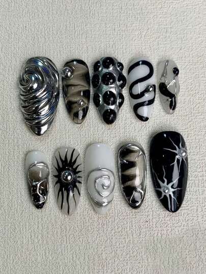 十片装哥特朋克手工美甲贴片，中号杏仁形假指甲，欧美复古按压式假指甲，紫色假指甲，奢华高端按压式假指甲，春夏按压式假指甲，长款杏仁形假指甲，3D手绘假指甲，女士礼物，美甲贴片，适合女孩和女士日常派对装扮