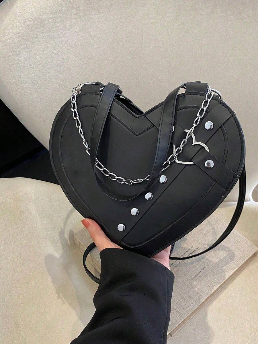 Bolso de hombro, bolso de mano, bolso cruzado con decoración de remaches de estilo vintage punk en forma de corazón, regalo del Día de San Valentín - Negro - Ver 1