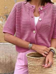 FOR BEAUTY Summer New Round Neck Short Sleeve Knit Cardigan, Women Loose Hollow Thin Button Cream Yellow Top, Casual Versatile, Suitable For Street Shopping And New Year Wear Spring - 深粉紅色 - 查看 6