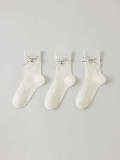 3双装女童白色甜美公主风无缝中筒袜，带蝴蝶结装饰，儿童袜子