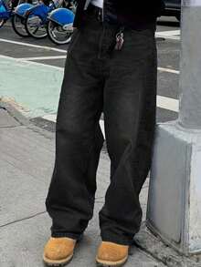 Men's Retro Loose Fit Denim Jeans, Versatile Casual Wear For All Seasons - 黑色 - 查看 1