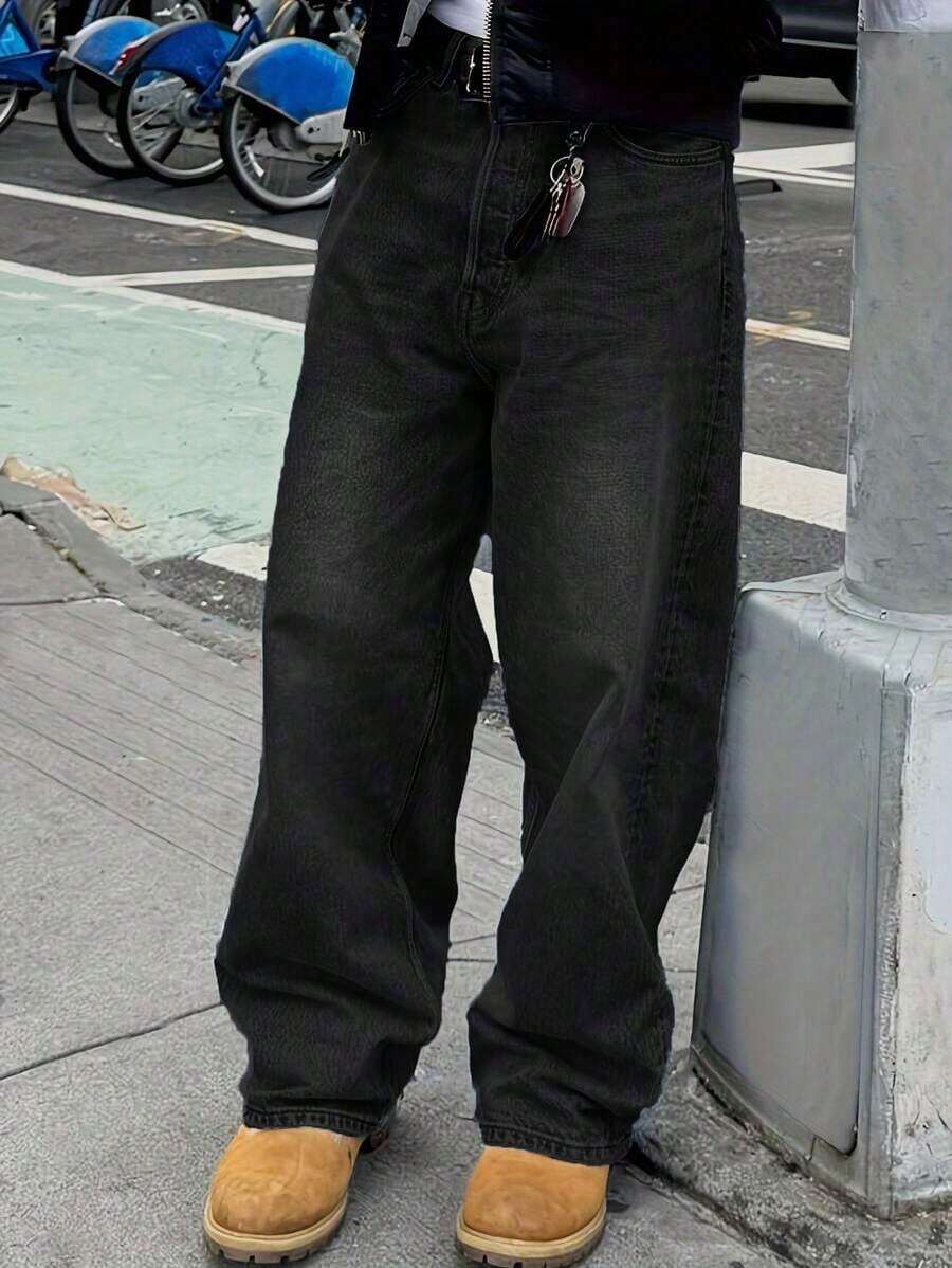 Men's Retro Loose Fit Denim Jeans, Versatile Casual Wear For All Seasons - 黑色 - 查看 1