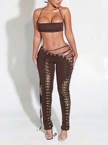 2pcs/Set Sexy Lace-Up Crop Top And Drawstring Waist Pants, Street Fashion Outfit, Suitable For Party, Spring/Summer. - Brown - View 1